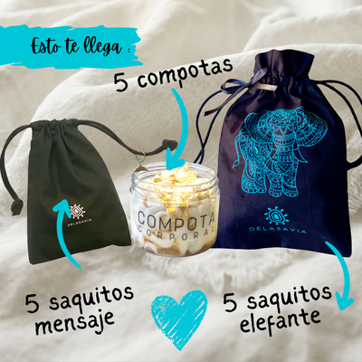 PACK 5 COMPOTAS Coco Vainilla Reafirmante + Bolsa de Regalo Elefante