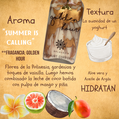 YOGHURT CORPORAL GOLDEN HOUR, DGM Brillos e Hidratación prolongada con aloe vera y argán.