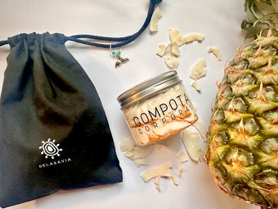 Compota corporal coco vainilla, REAFIRMANTE con Cafeína y rosa mosqueta.