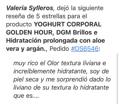 YOGHURT CORPORAL GOLDEN HOUR, DGM Brillos e Hidratación prolongada con aloe vera y argán.