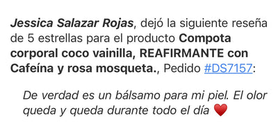 Compota corporal coco vainilla, REAFIRMANTE con Cafeína y rosa mosqueta.