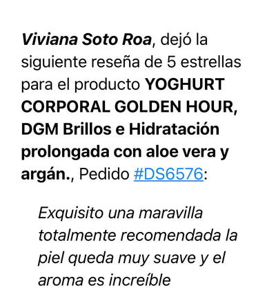 YOGHURT CORPORAL GOLDEN HOUR, DGM Brillos e Hidratación prolongada con aloe vera y argán.