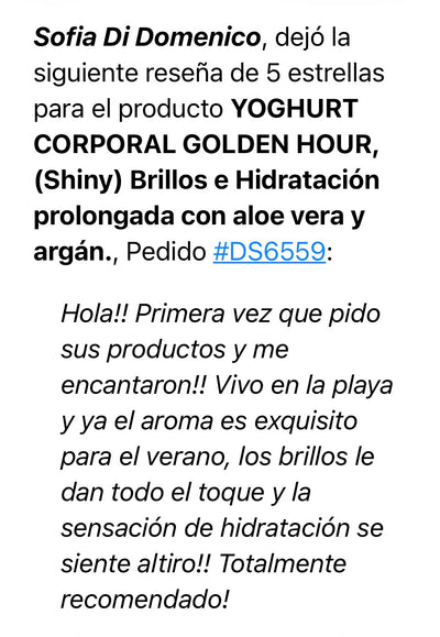 YOGHURT CORPORAL GOLDEN HOUR, (Shiny) Brillos e Hidratación prolongada con aloe vera y argán.